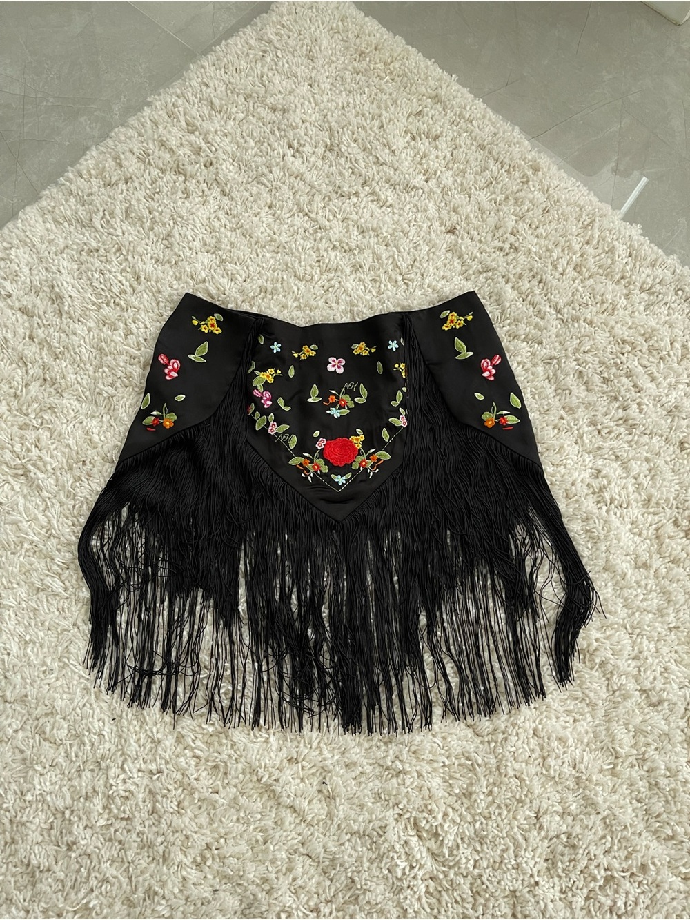 NWT - Niihai Black Embroidered Fringe Mini Skirt